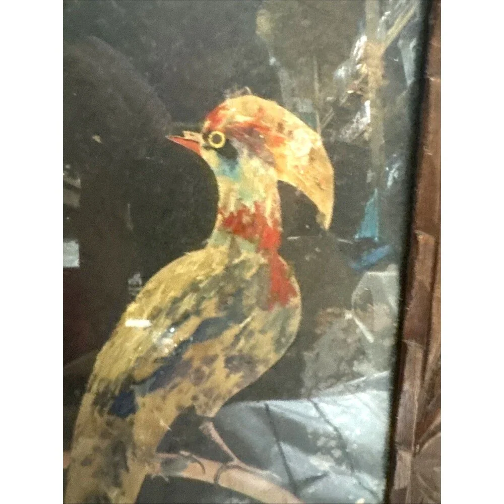 2 VTG Mexican Folk Art Feathercraft Feather Colorful Birds Carved Wood Frame